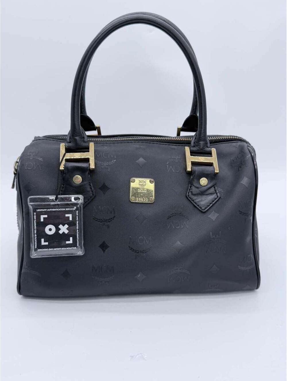 MCM Visetos Boston Satchel – Black Monogram Top Handle Bag